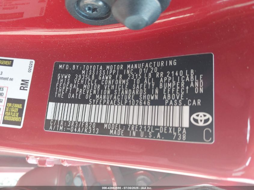 2020 Toyota Corolla Le VIN: 5YFEPRAE5LP102646 Lot: 42862598