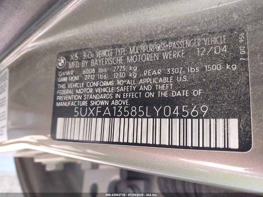 2005 BMW X5 3.0I VIN: 5UXFA13585LY04569 Lot: 42862728