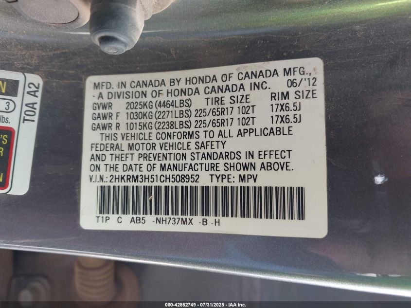 2012 Honda Cr-V Ex VIN: 2HKRM3H51CH508952 Lot: 42862749