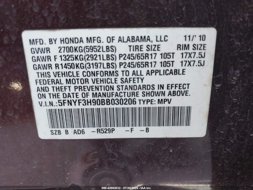2011 Honda Pilot Touring VIN: 5FNYF3H90BB030206 Lot: 43097763