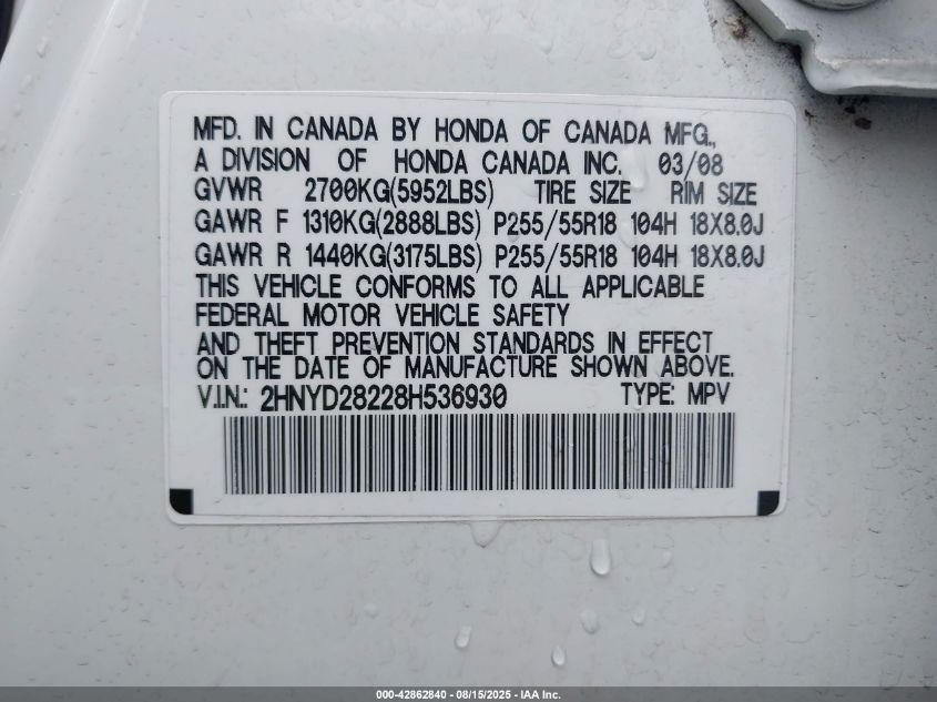 2008 Acura Mdx VIN: 2HNYD28228H536930 Lot: 42862840