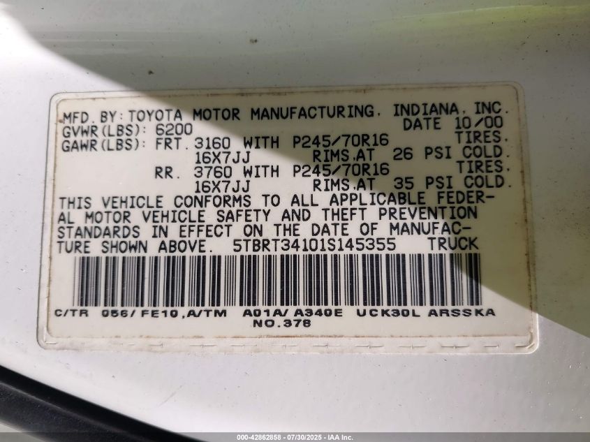 2001 Toyota Tundra Sr5 V8 VIN: 5TBRT34101S145355 Lot: 42862858