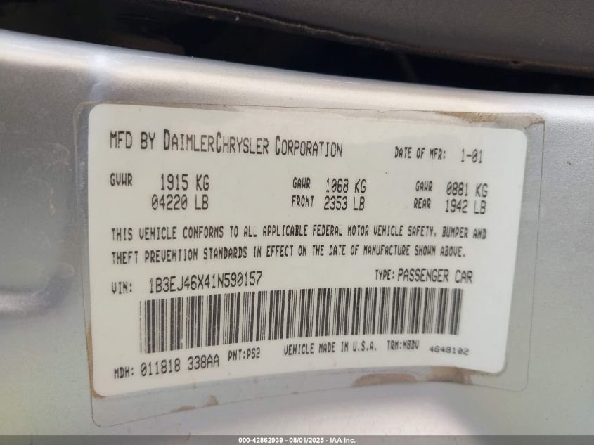 2001 Dodge Stratus Se VIN: 1B3EJ46X41N590157 Lot: 42862939