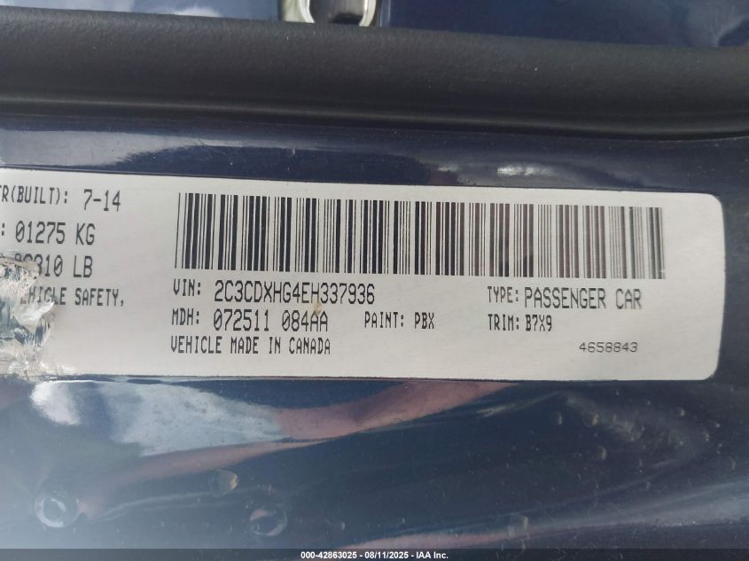 2014 Dodge Charger Sxt VIN: 2C3CDXHG4EH337936 Lot: 42863025