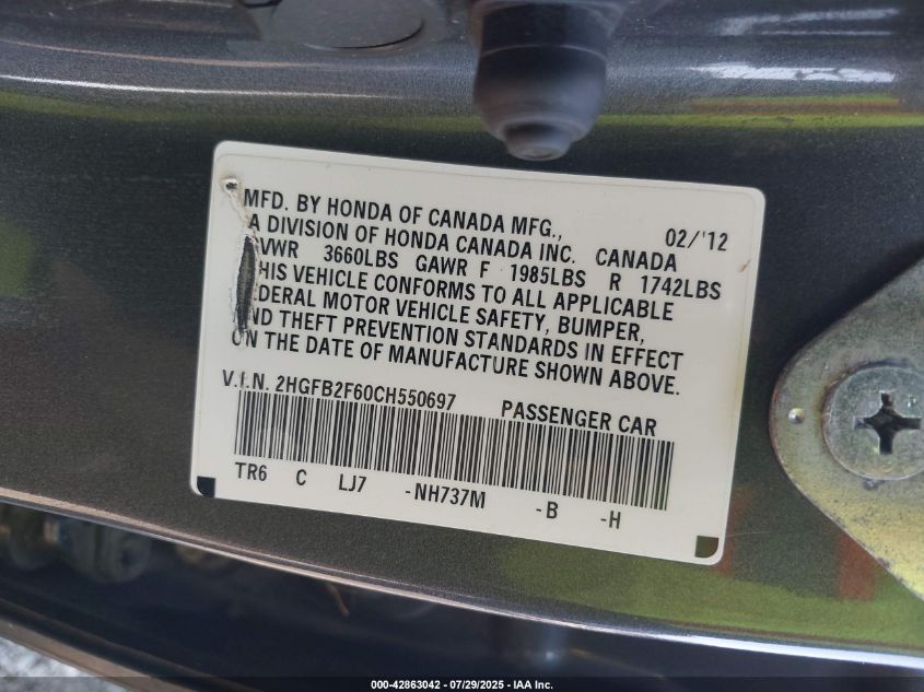2012 Honda Civic Hf VIN: 2HGFB2F60CH550697 Lot: 42863042