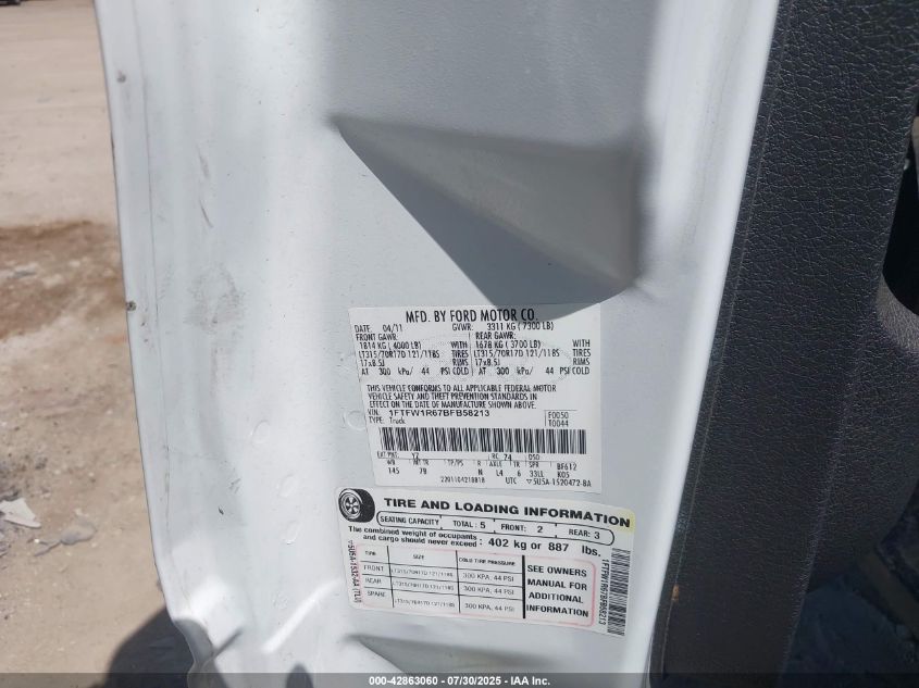 2011 Ford F-150 Svt Raptor VIN: 1FTFW1R67BFB58213 Lot: 42863060