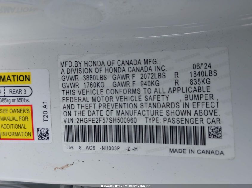 2025 Honda Civic Sport VIN: 2HGFE2F57SH500960 Lot: 42863099