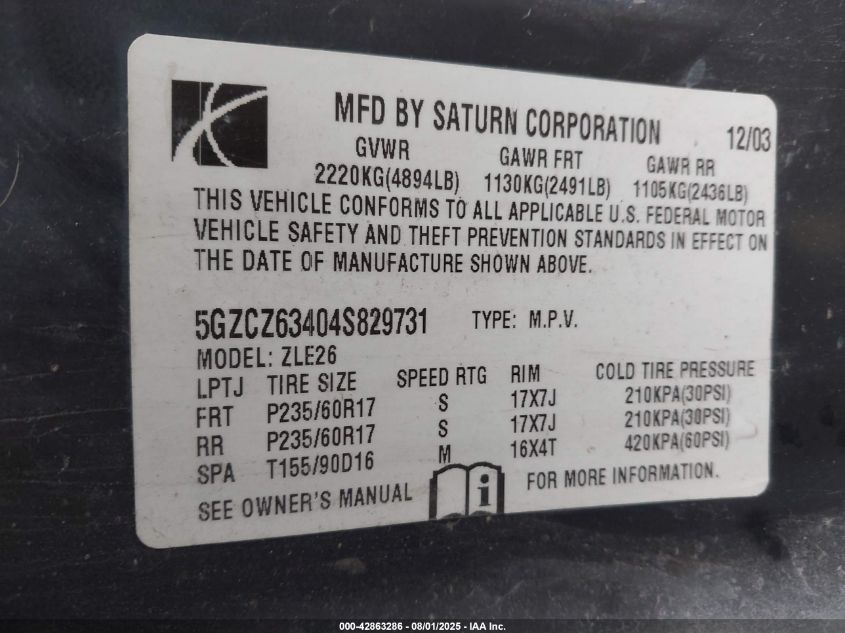 2004 Saturn Vue V6 VIN: 5GZCZ63404S829731 Lot: 42863286
