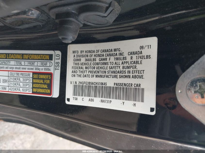 2012 Honda Civic Lx VIN: 2HGFG3B56CH510645 Lot: 42863510