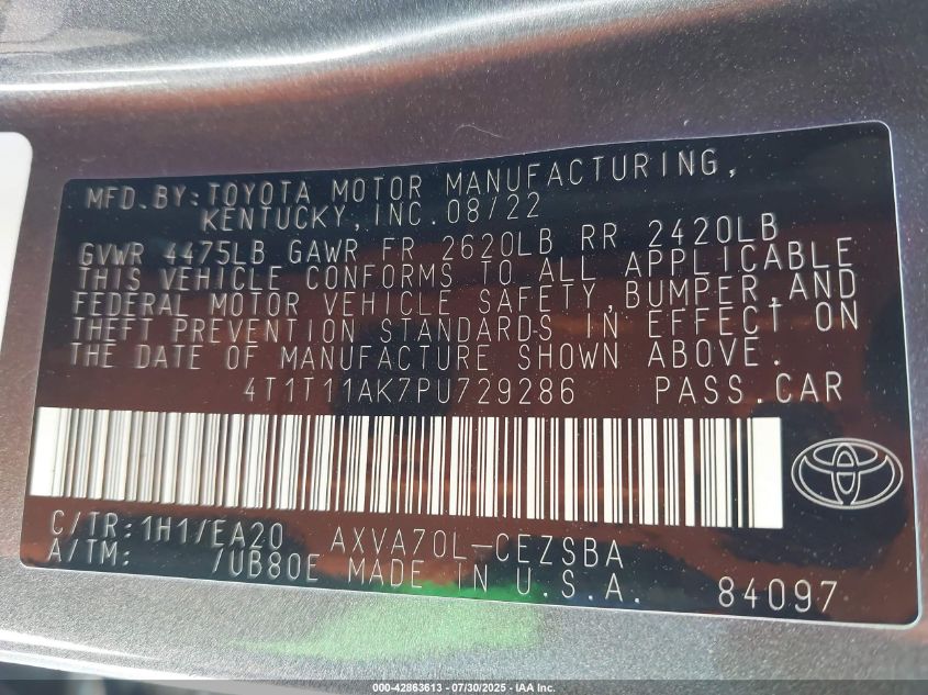 2023 Toyota Camry Se VIN: 4T1T11AK7PU729286 Lot: 42863613