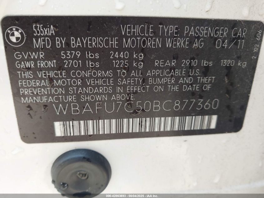 2011 BMW 535I xDrive VIN: WBAFU7C50BC877360 Lot: 42863693