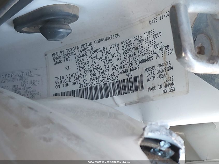 2003 Toyota Highlander VIN: JTEGD21A130053523 Lot: 42863718