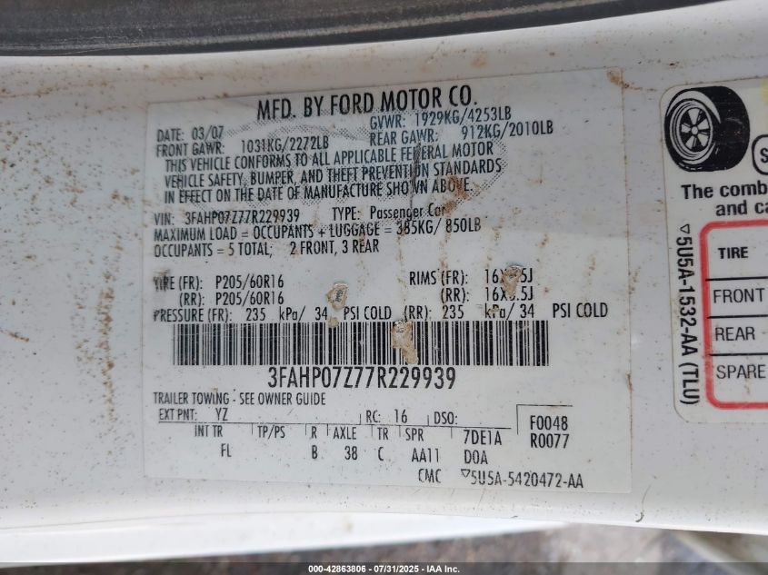 2007 Ford Fusion Se VIN: 3FAHP07Z77R229939 Lot: 42863806
