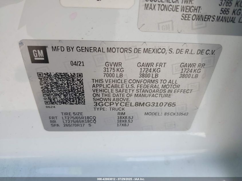 2021 Chevrolet Silverado 1500 4Wd Short Bed Custom Trail Boss VIN: 3GCPYCEL8MG310765 Lot: 42863812