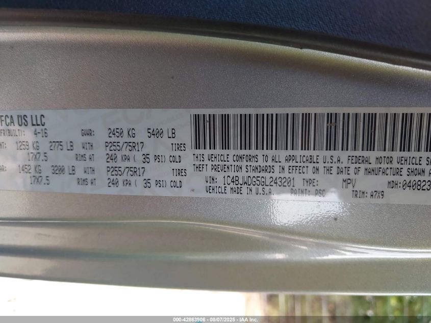 2016 Jeep Wrangler Unlimited Sport VIN: 1C4BJWDG5GL243201 Lot: 42863906