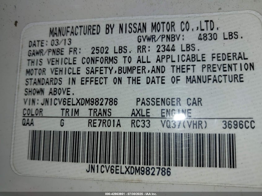 2013 INFINITI G37X - JN1CV6ELXDM982786