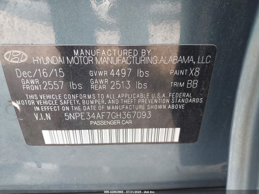 2016 Hyundai Sonata Sport VIN: 5NPE34AF7GH367093 Lot: 42863965