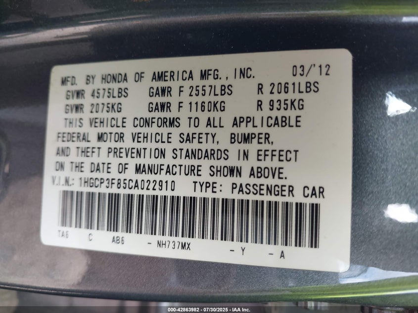2012 Honda Accord 3.5 Ex-L VIN: 1HGCP3F85CA022910 Lot: 42863982