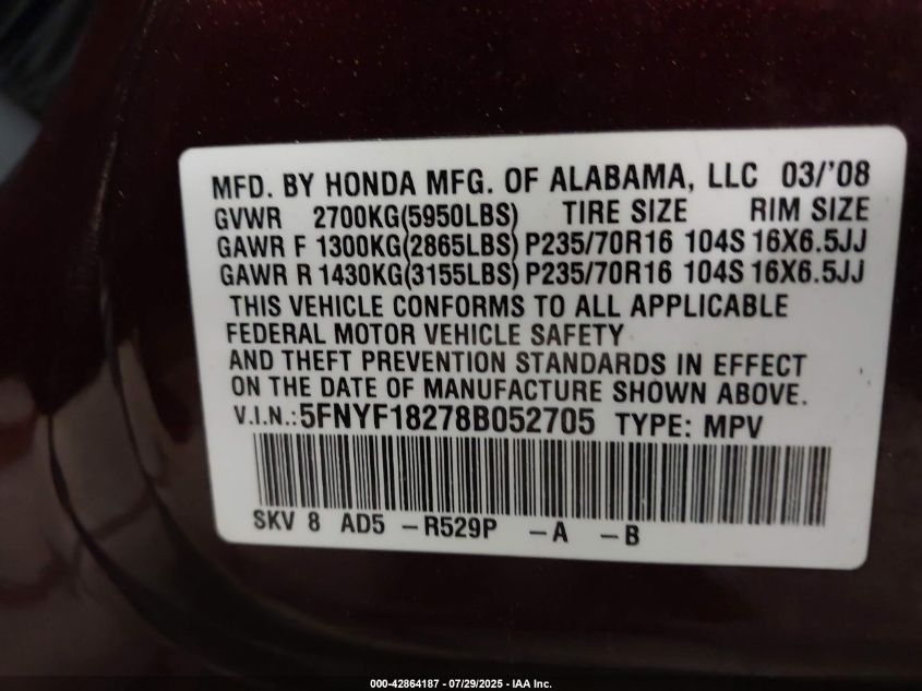 2008 Honda Pilot Vp VIN: 5FNYF18278B052705 Lot: 42864187
