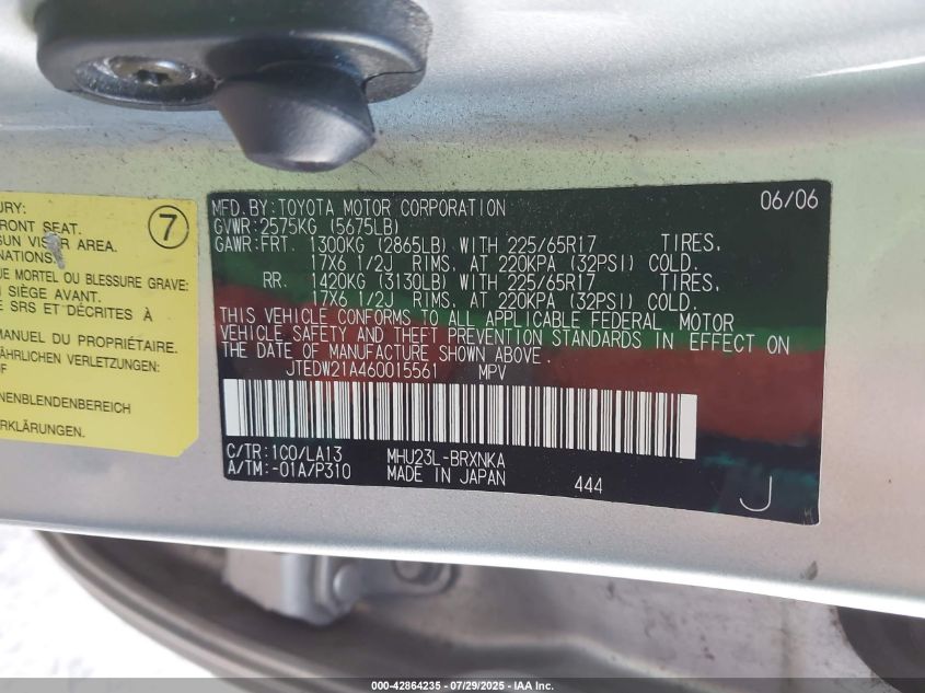 2006 Toyota Highlander Hybrid Limited V6 VIN: JTEDW21A460015561 Lot: 42864235