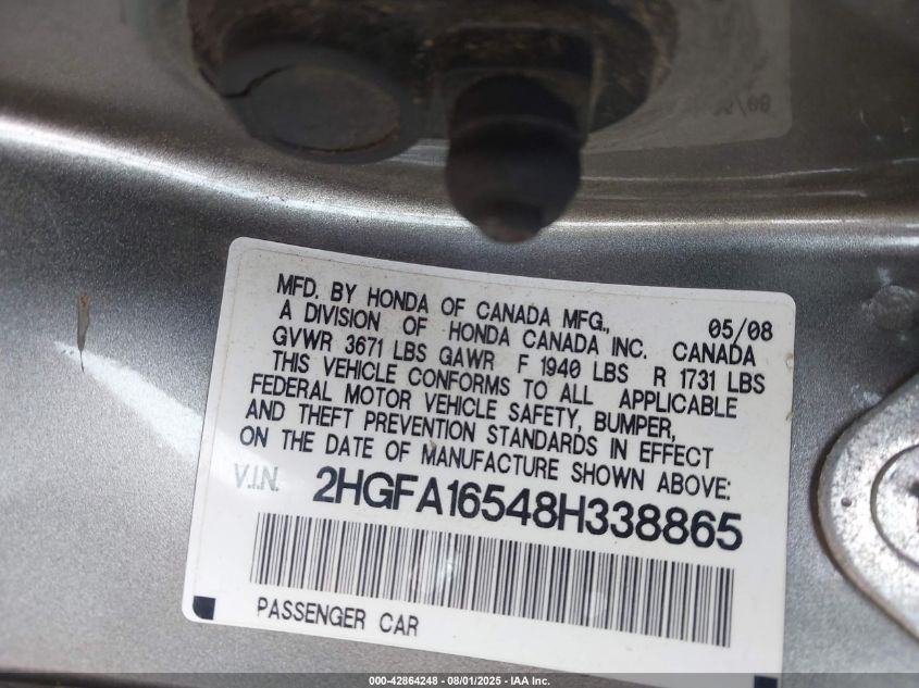 2008 Honda Civic Lx VIN: 2HGFA16548H338865 Lot: 42864248