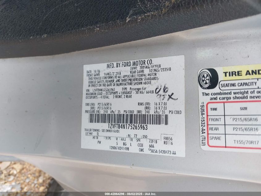 2007 Ford Mustang V6 Deluxe/V6 Premium VIN: 1ZVFT84N175265963 Lot: 42864296