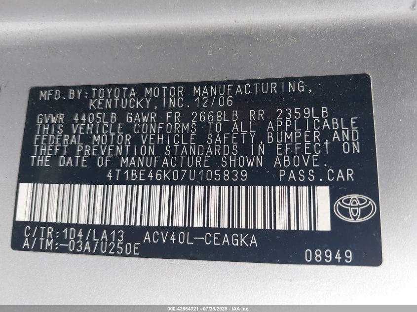 2007 Toyota Camry Xle VIN: 4T1BE46K07U105839 Lot: 42864321