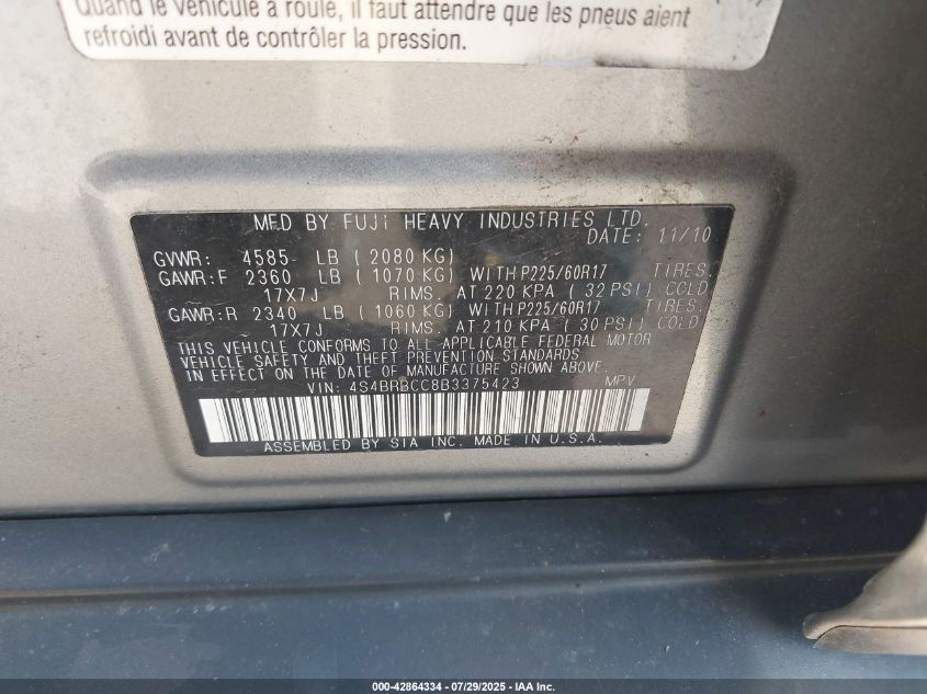 2011 Subaru Outback 2.5I Premium VIN: 4S4BRBCC8B3375423 Lot: 42864334