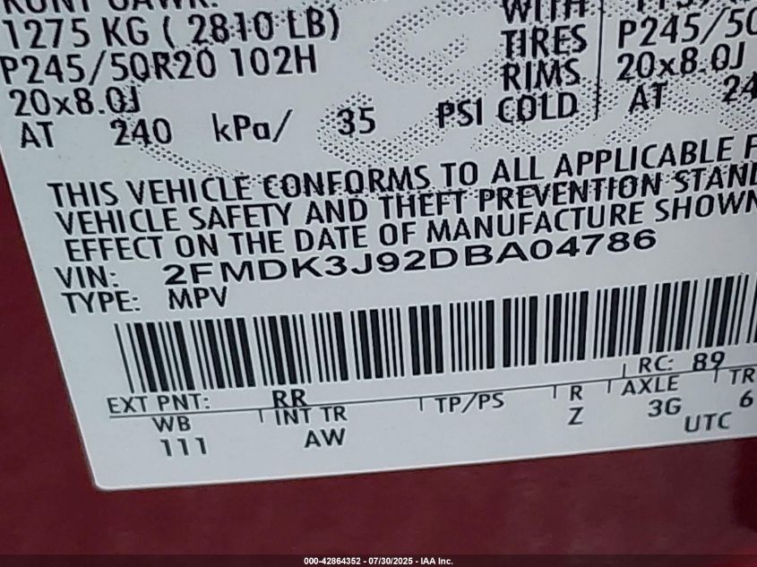 2013 Ford Edge Sel VIN: 2FMDK3J92DBA04786 Lot: 42864352