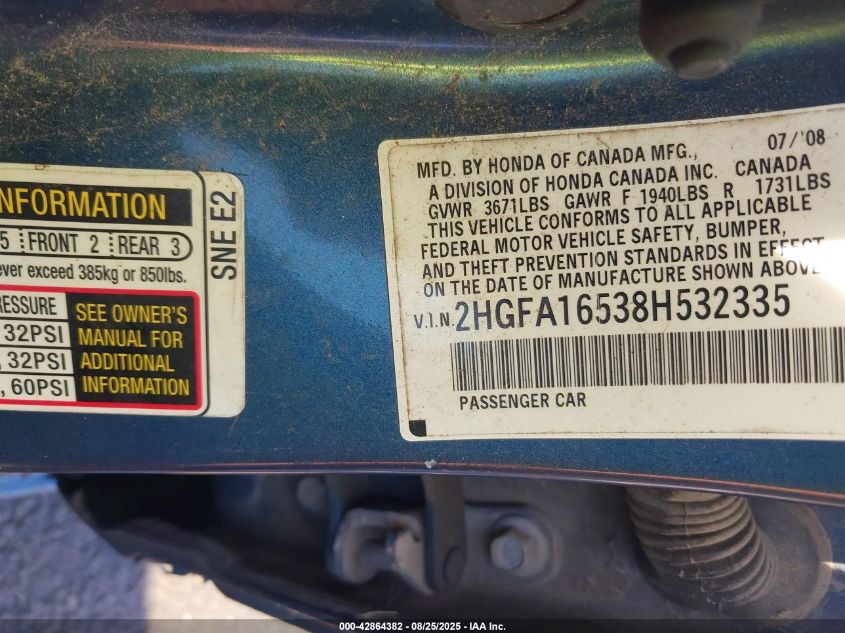 2008 Honda Civic Lx VIN: 2HGFA16538H532335 Lot: 42864382