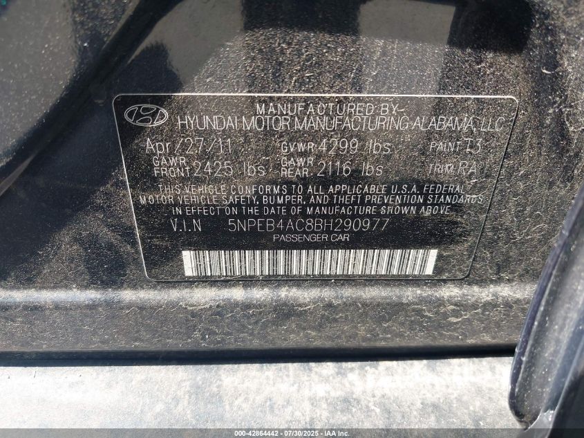 2011 Hyundai Sonata Gls VIN: 5NPEB4AC8BH290977 Lot: 42864442