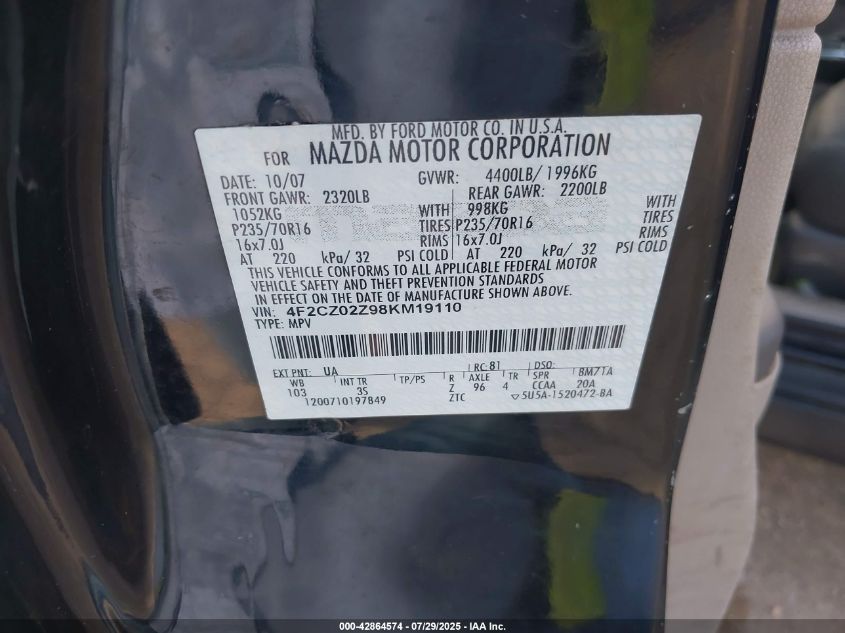 2008 Mazda Tribute I Sport VIN: 4F2CZ02Z98KM19110 Lot: 42864574