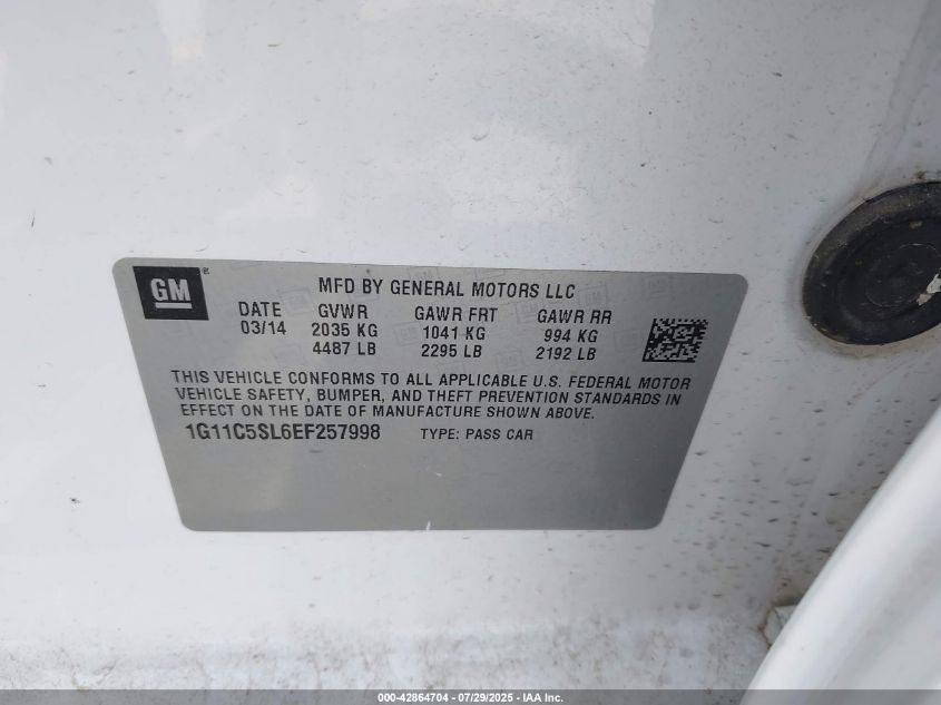 2014 Chevrolet Malibu 1Lt VIN: 1G11C5SL6EF257998 Lot: 42864704