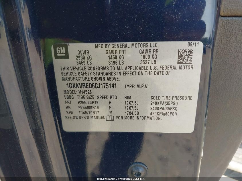2012 GMC Acadia Slt-1 VIN: 1GKKVRED6CJ175141 Lot: 42864705