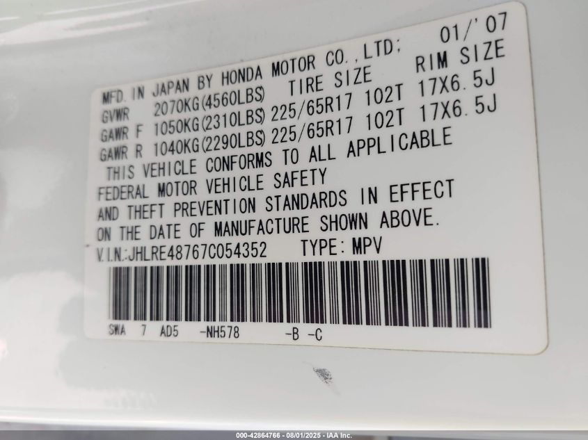 2007 Honda Cr-V Ex-L VIN: JHLRE48767C054352 Lot: 42864766