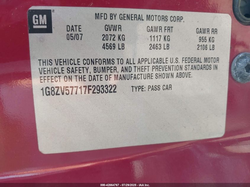 2007 Saturn Aura Xr VIN: 1G8ZV57717F293322 Lot: 42864767