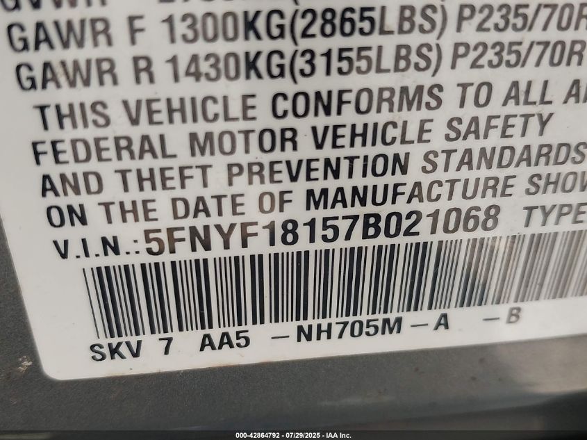 2007 Honda Pilot Lx VIN: 5FNYF18157B021068 Lot: 42864792