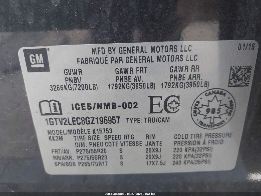 2016 GMC Sierra 1500 VIN: 1GTV2LEC8GZ196957 Lot: 42864803