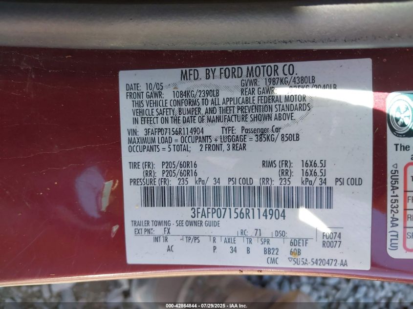 2006 Ford Fusion Se VIN: 3FAFP07156R114904 Lot: 42864844