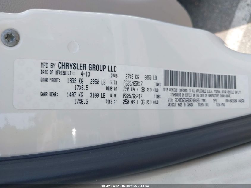 2013 Dodge Grand Caravan Sxt VIN: 2C4RDGCG6DR748485 Lot: 42864859