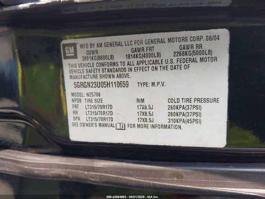 2005 Hummer H2 Suv VIN: 5GRGN23U05H110659 Lot: 42864863