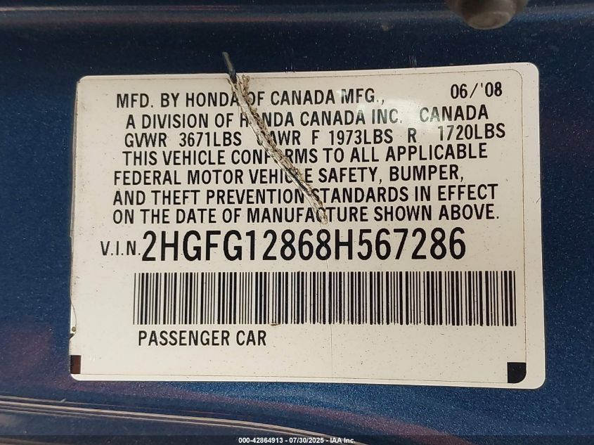 2008 Honda Civic Ex VIN: 2HGFG12868H567286 Lot: 42864913
