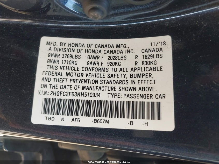 2019 Honda Civic 2.0 LX Blue Lot 111042864932 Vin 2HGFC2F63KH510934