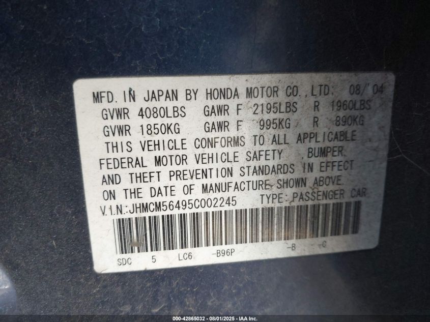 2005 Honda Accord 2.4 Lx VIN: JHMCM56495C002245 Lot: 42865032