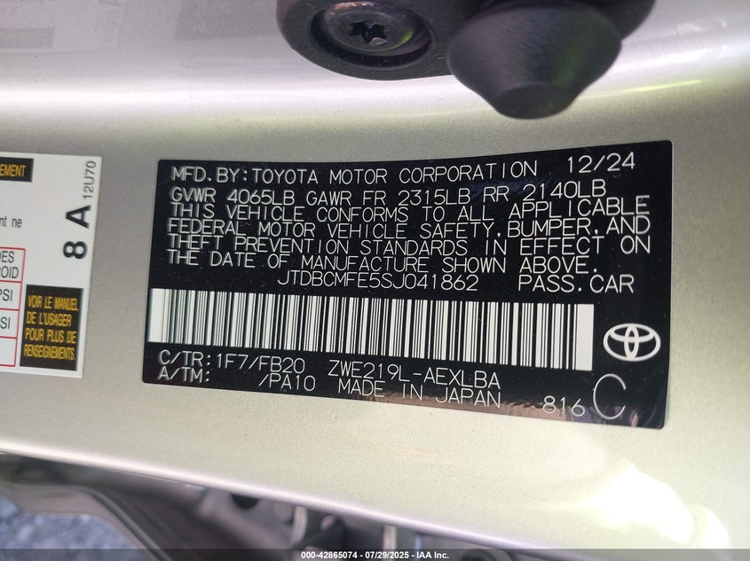 2025 TOYOTA COROLLA 1.8L I-4 DOHC, VVT, (VIN: JTDBCMFE5SJ041862