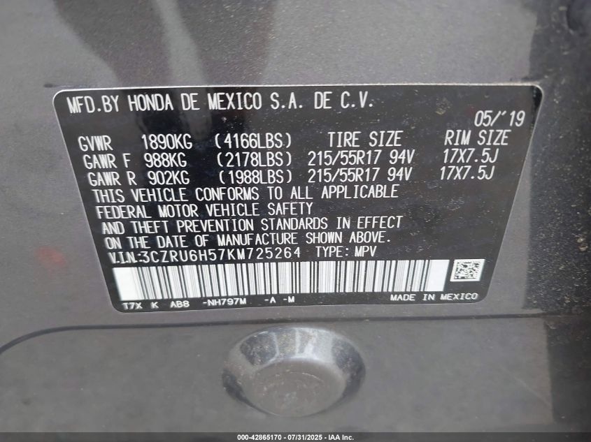 2019 Honda Hr-V Ex VIN: 3CZRU6H57KM725264 Lot: 42865170