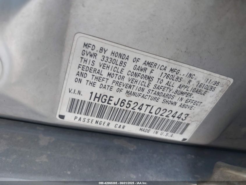 1996 Honda Civic Dx VIN: 1HGEJ6524TLO22443 Lot: 42865385