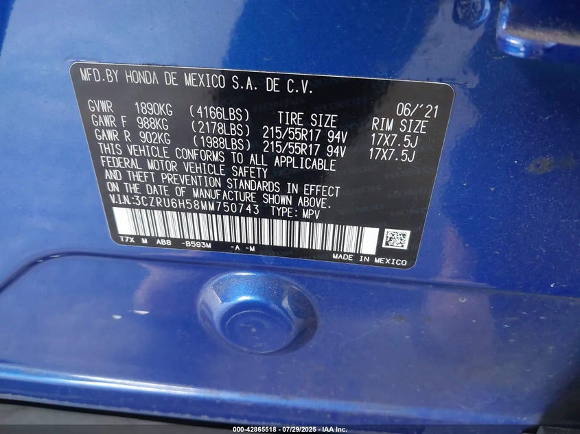 2021 HONDA HR-V AWD EX 3CZRU6H58MM750743