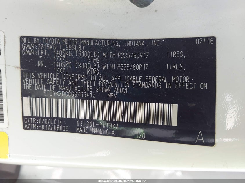 2016 TOYOTA SIENNA XLE 8 PASSENGER - 5TDYK3DC8GS763412