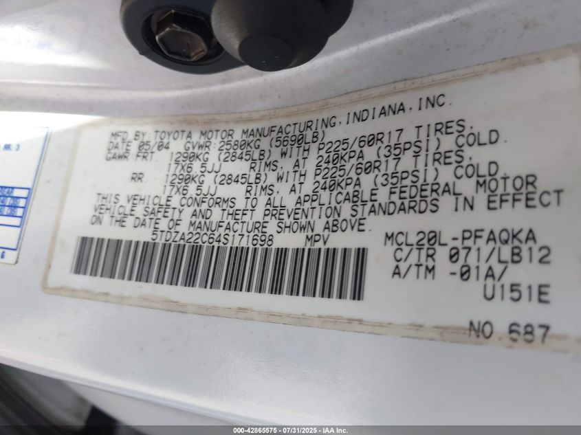 2004 Toyota Sienna Xle VIN: 5TDZA22C64S171698 Lot: 42865575